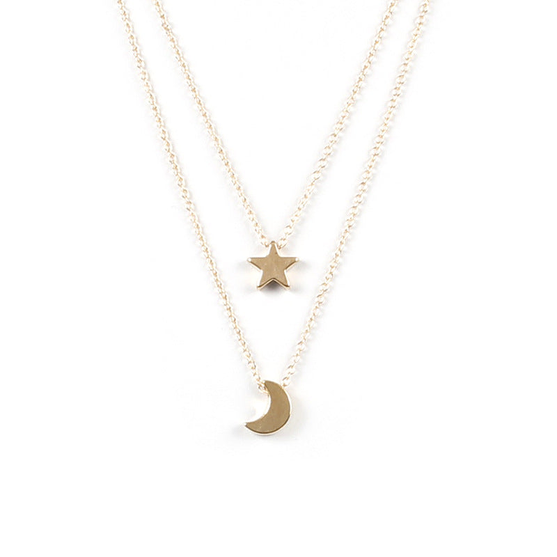 Creative Double-Layer Heart and Moon Star Tassel Alloy Necklace