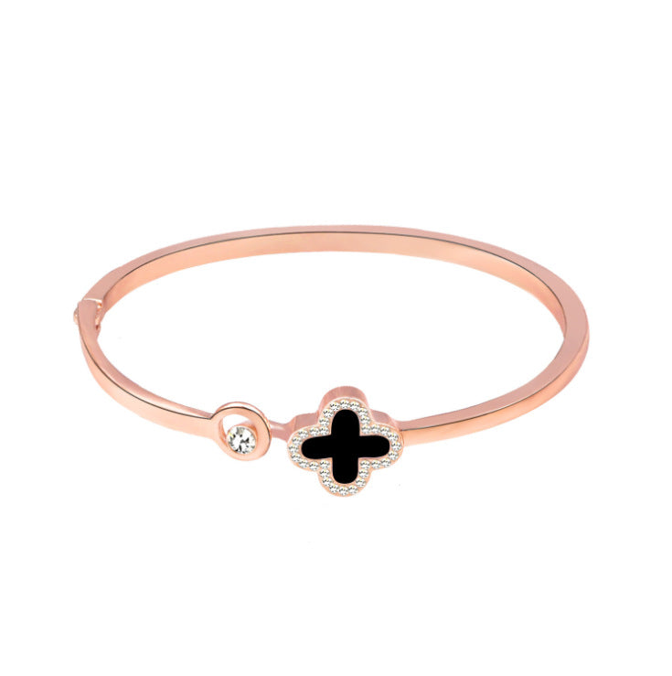 Four Leaf Clover Rose Gold Zircon Bangle Bracelet