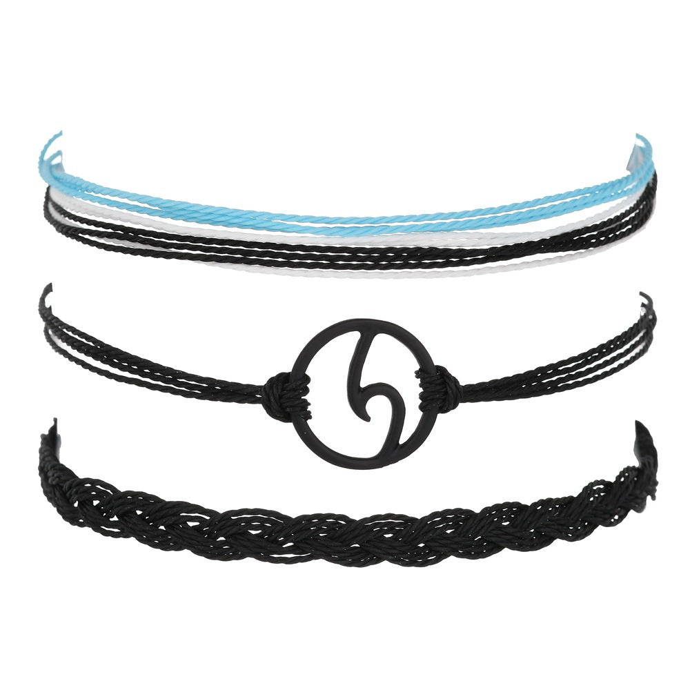 Bohemian Braided Wave Wax Rope Bracelet Set - Three Piece