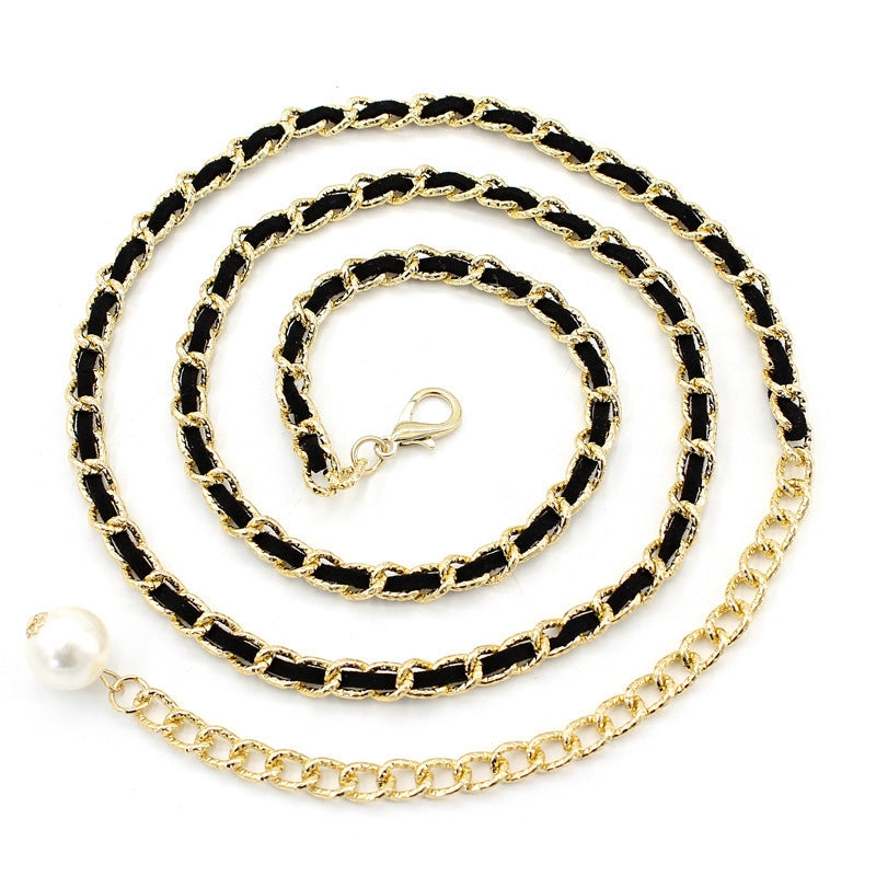 Basic Geometric Metal Chain Belt with Pearl Accent for Women