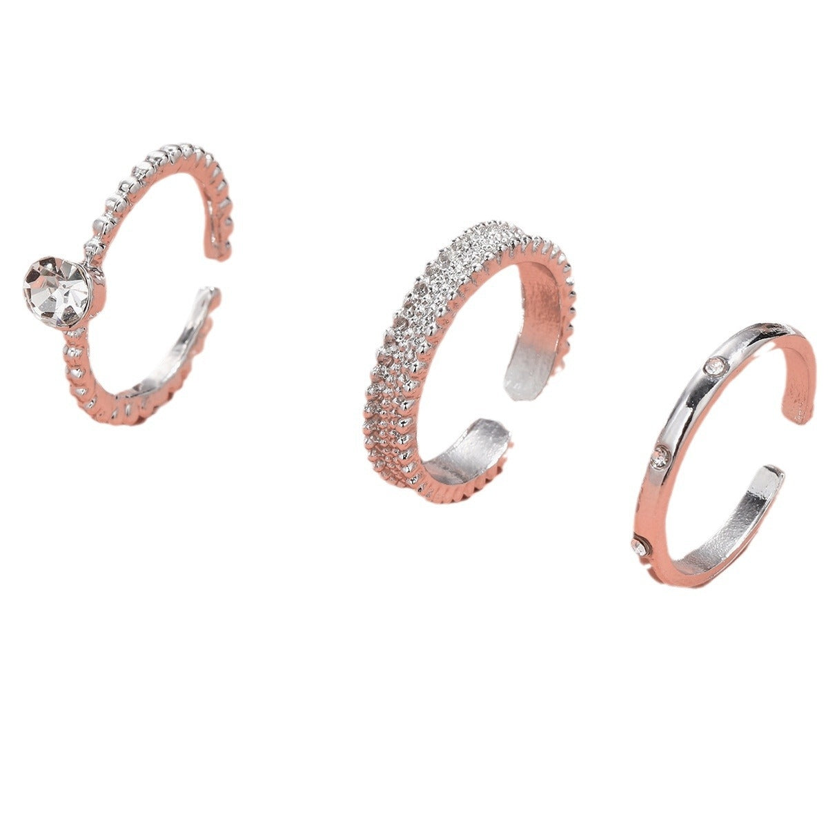 Minimalist Rhinestone Alloy Women's Ring Set - 3 Piece Adjustable Zircon Rings