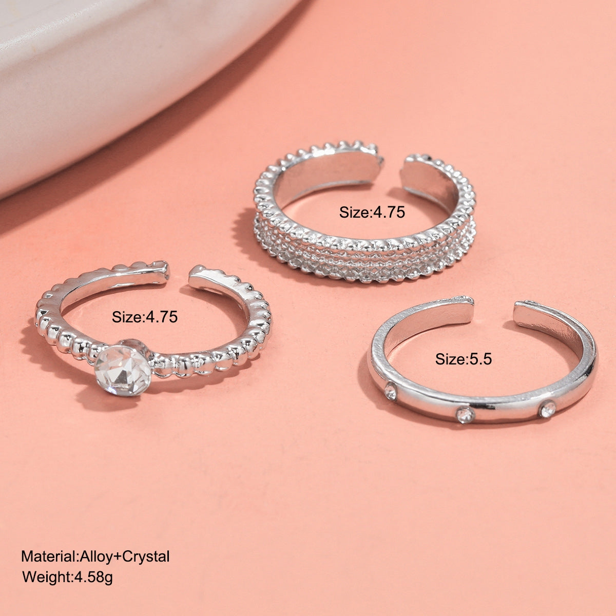 Minimalist Rhinestone Alloy Women's Ring Set - 3 Piece Adjustable Zircon Rings