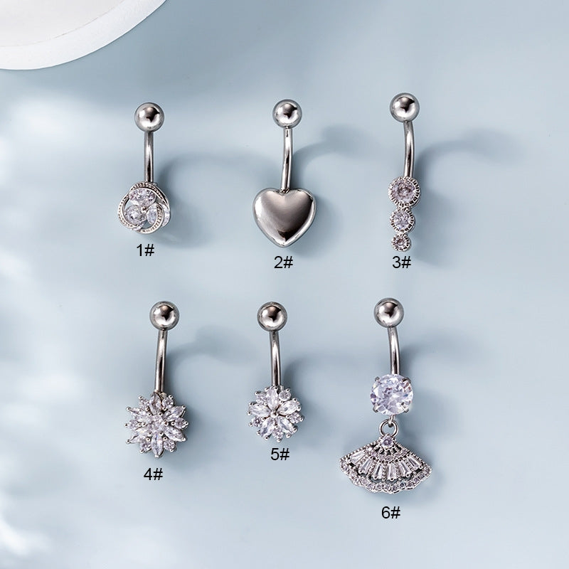 Fashion Geometric Zircon Heart Flower Belly Ring 316 Stainless Steel 1.6x10mm