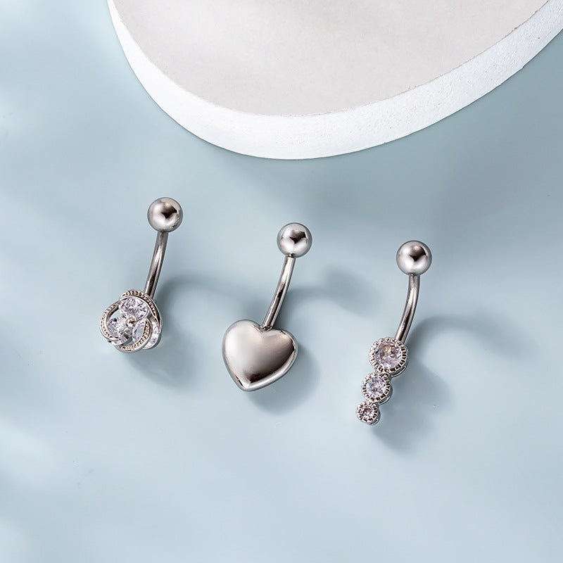 Fashion Geometric Zircon Heart Flower Belly Ring 316 Stainless Steel 1.6x10mm