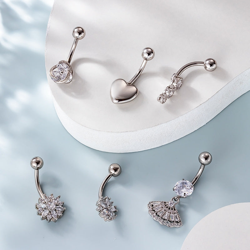 Fashion Geometric Zircon Heart Flower Belly Ring 316 Stainless Steel 1.6x10mm