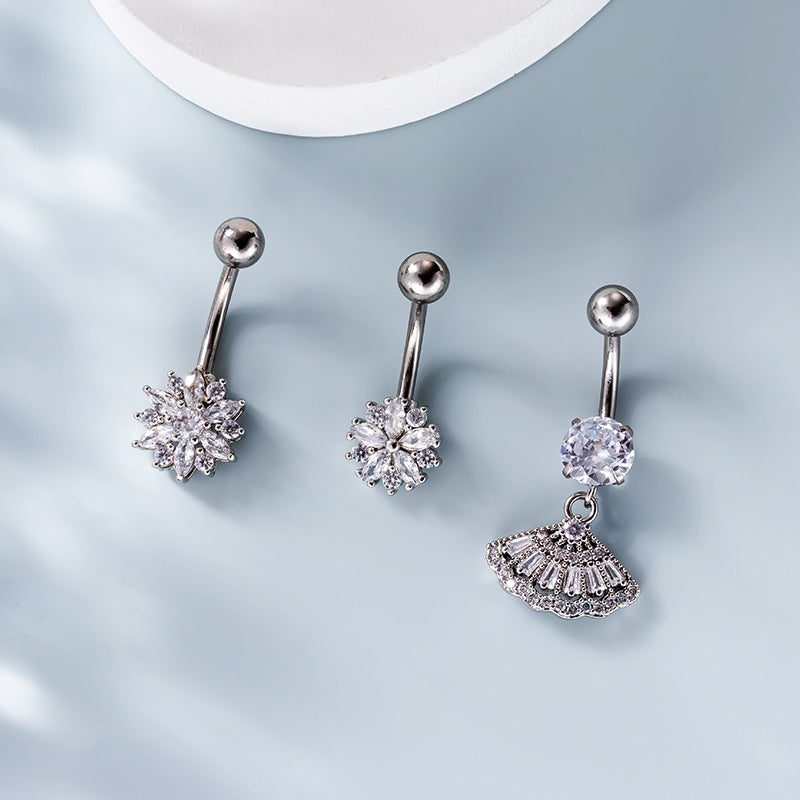 Fashion Geometric Zircon Heart Flower Belly Ring 316 Stainless Steel 1.6x10mm
