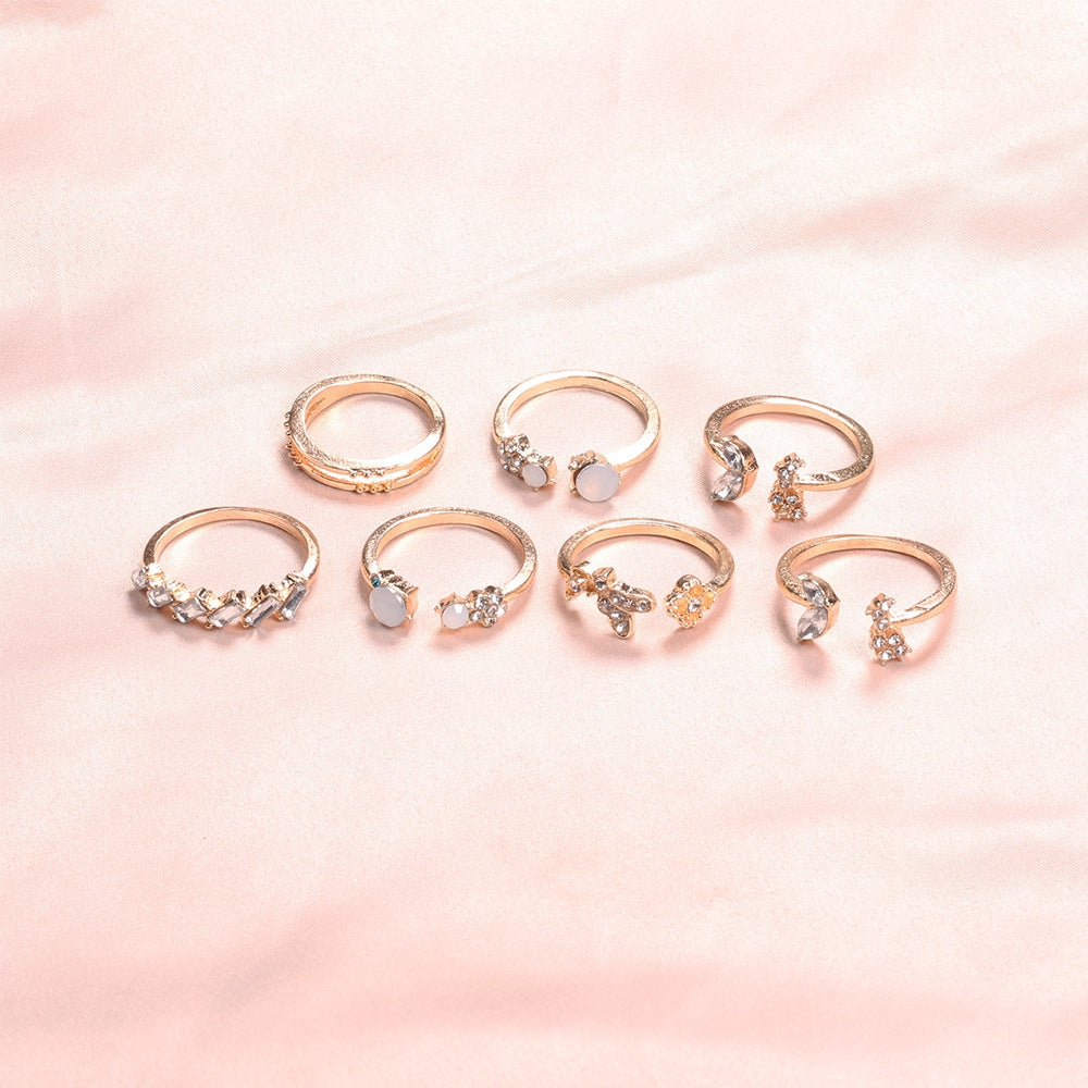Bohemian Crystal Butterfly Flower Ring Set - 7 Piece Vintage Wedding Jewelry for Women