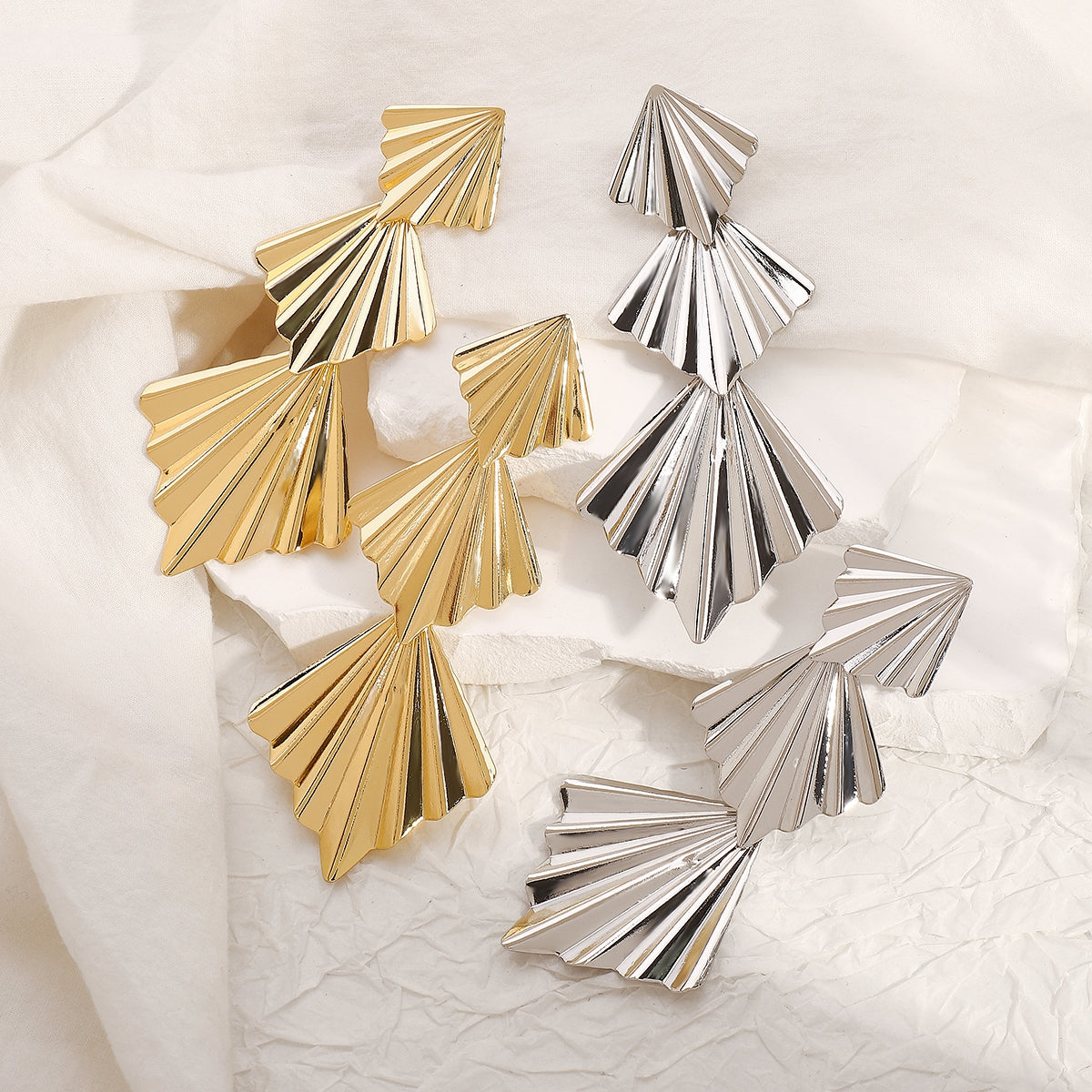 Ginkgo Leaf Design Statement Folding Fan Drop Earrings
