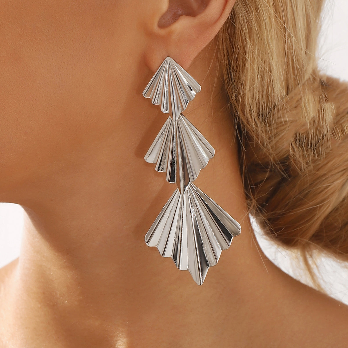 Ginkgo Leaf Design Statement Folding Fan Drop Earrings