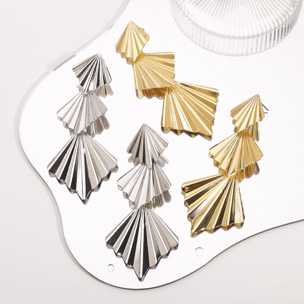 Ginkgo Leaf Design Statement Folding Fan Drop Earrings