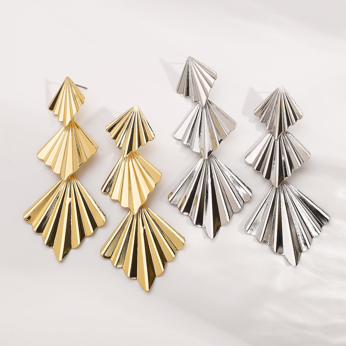 Ginkgo Leaf Design Statement Folding Fan Drop Earrings