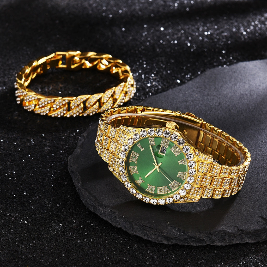 Casual Color Block Luxury Steel Band Quartz Men's Watch with Diamond-Set Cuban Bracelet
