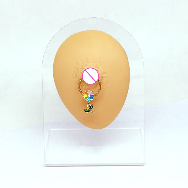 Casual Hip-Hop Butterfly Flower Rhinestone Nipple Ring Stainless Steel Copper White Gold Plated