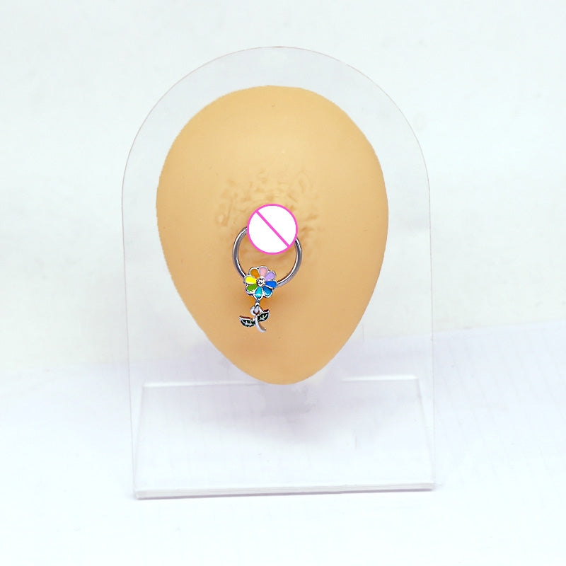 Casual Hip-Hop Butterfly Flower Rhinestone Nipple Ring Stainless Steel Copper White Gold Plated