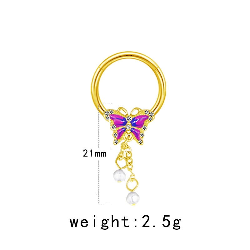 Casual Hip-Hop Butterfly Flower Rhinestone Nipple Ring Stainless Steel Copper White Gold Plated