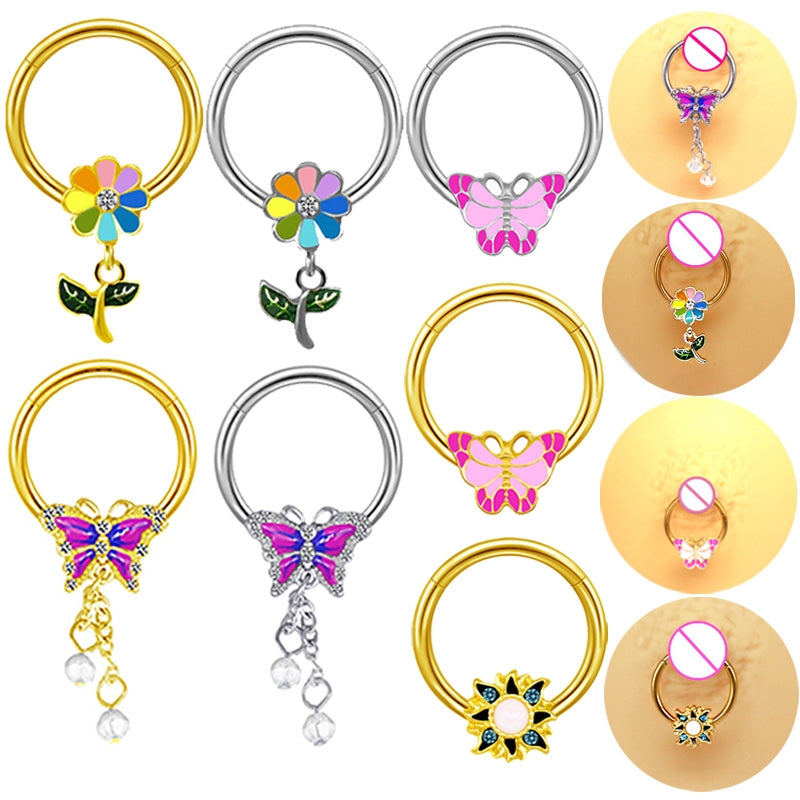Casual Hip-Hop Butterfly Flower Rhinestone Nipple Ring Stainless Steel Copper White Gold Plated