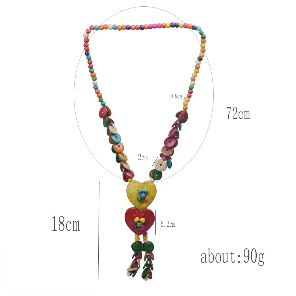 Casual Bohemian Color Block Wooden Beads Coconut Shell Heart Pendant Necklace for Women