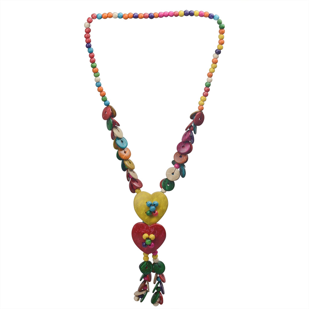 Casual Bohemian Color Block Wooden Beads Coconut Shell Heart Pendant Necklace for Women