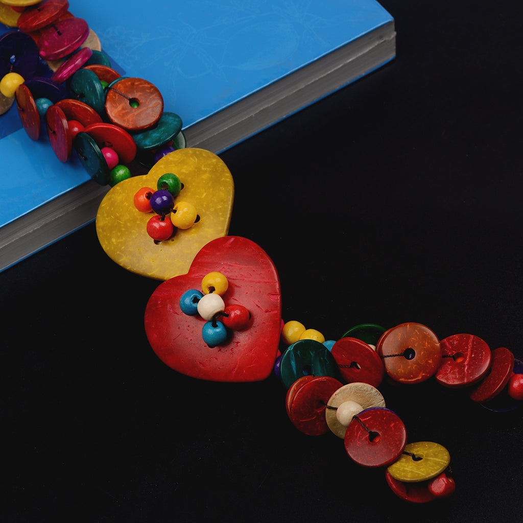 Casual Bohemian Color Block Wooden Beads Coconut Shell Heart Pendant Necklace for Women