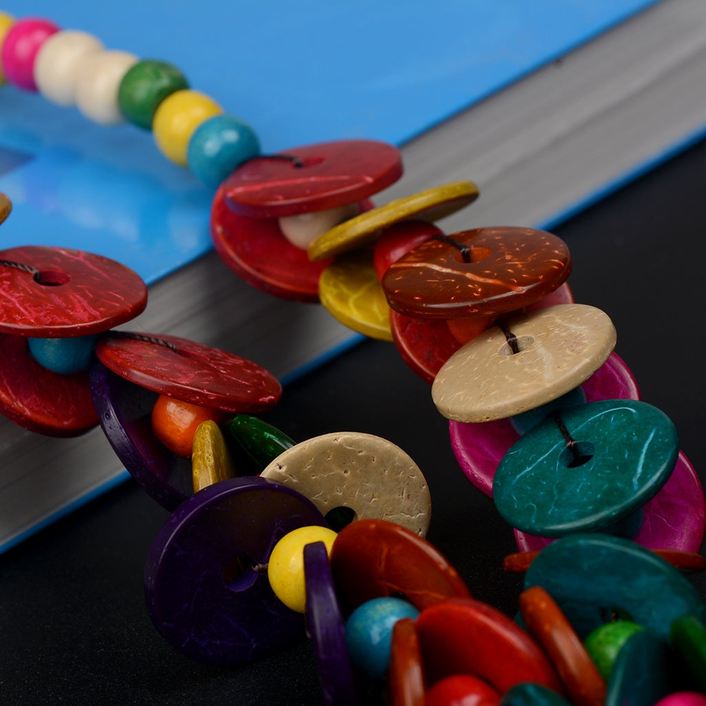 Casual Bohemian Color Block Wooden Beads Coconut Shell Heart Pendant Necklace for Women
