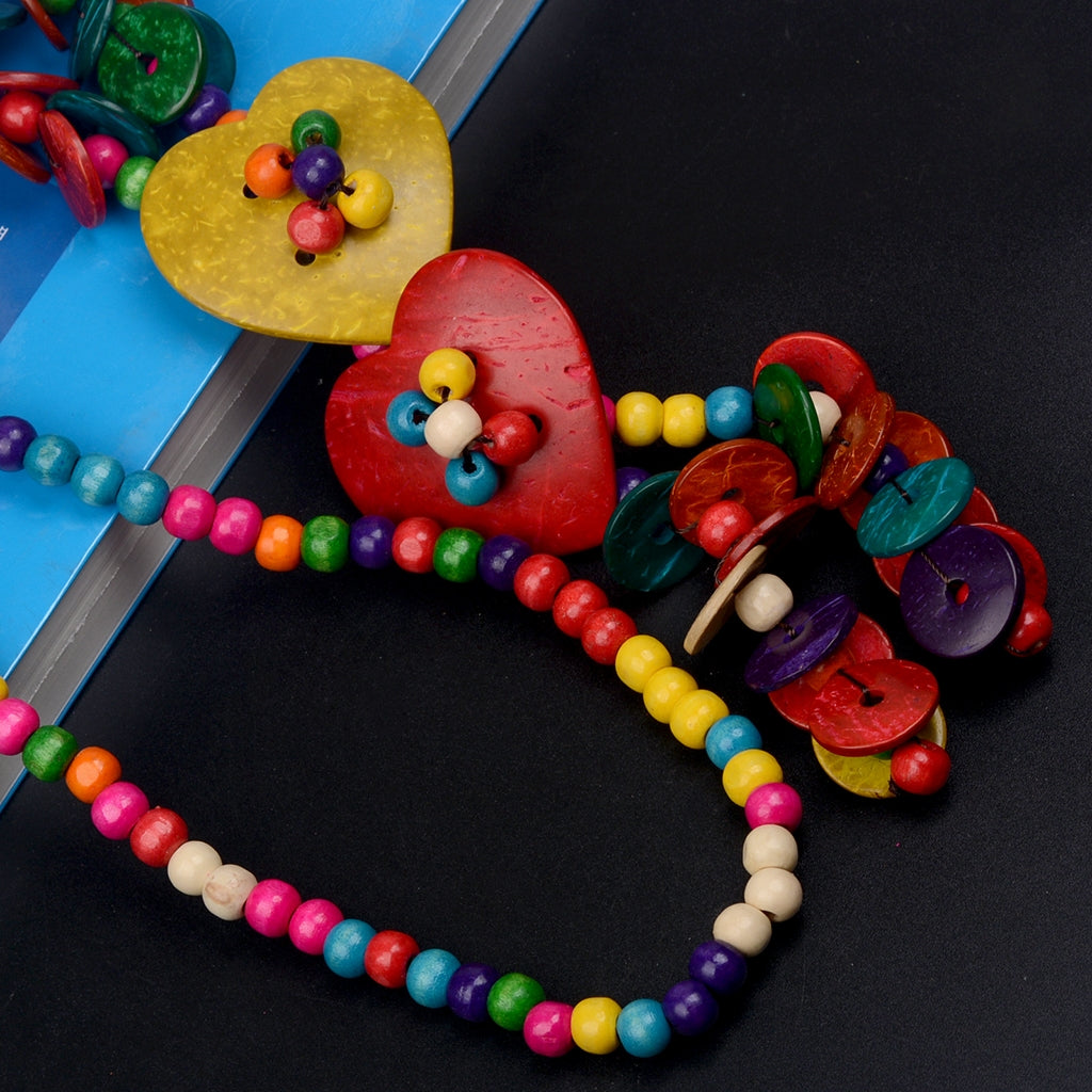 Casual Bohemian Color Block Wooden Beads Coconut Shell Heart Pendant Necklace for Women