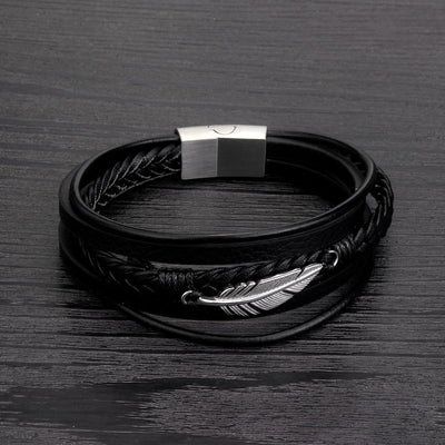 Casual Solid Color Stainless Steel and Multi-Loop Leather Men's Bracelet