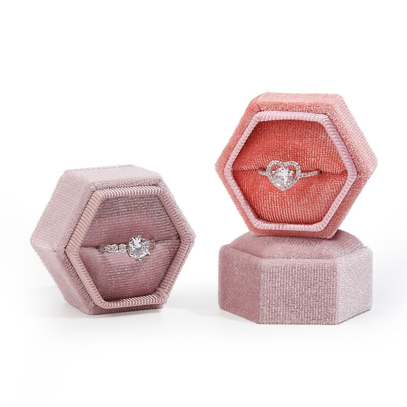 Casual Hexagonal Pink Velvet Jewelry Box for Earrings, Pendants, and Rings