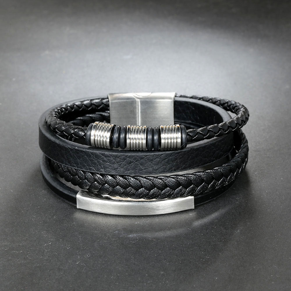 Casual Multi-Layer Braided PU Leather Stainless Steel Men's Bracelet