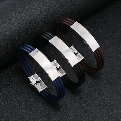 Casual Stainless Steel Leather Braid Men's Bracelet with Cowhide Rope and Buckle
