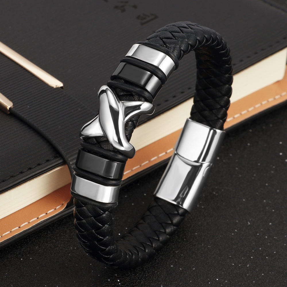 Casual Solid Color Stainless Steel Plated Men's Bangle with Vintage Letter X Leather Braided Bracelet