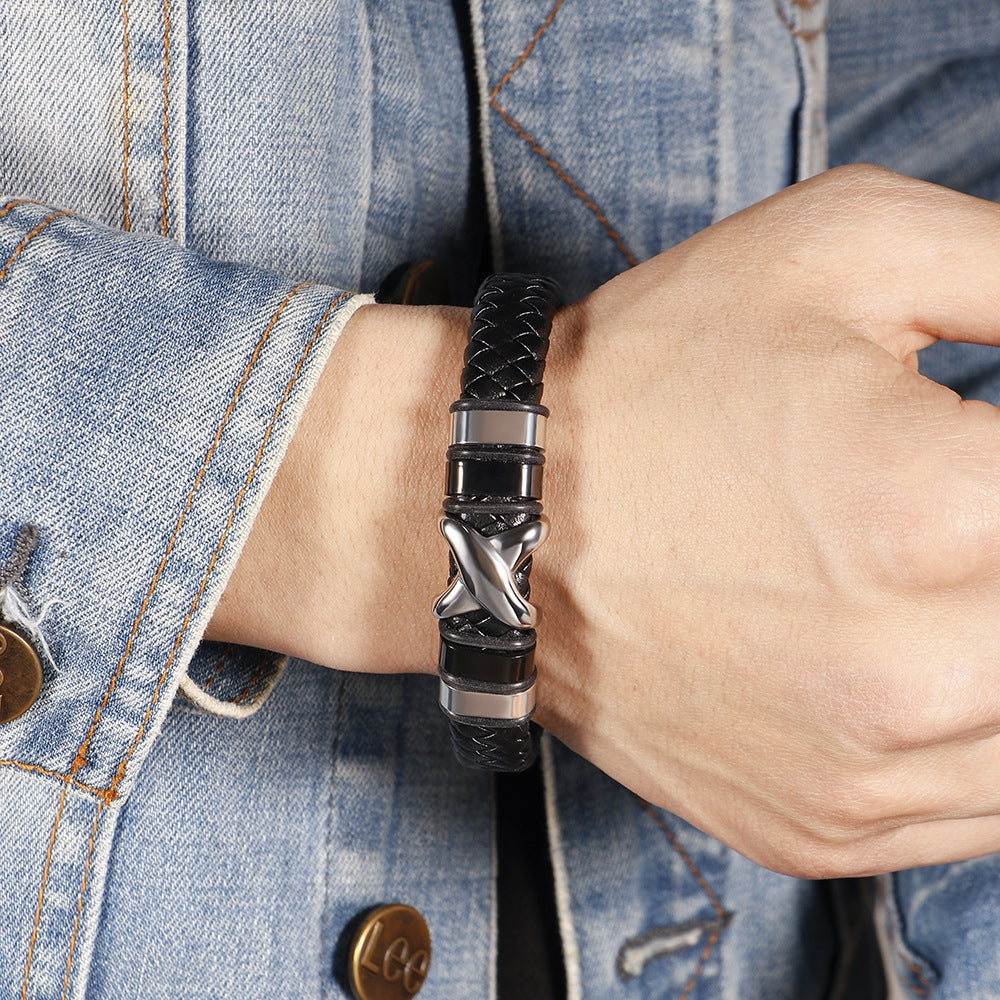 Casual Solid Color Stainless Steel Plated Men's Bangle with Vintage Letter X Leather Braided Bracelet