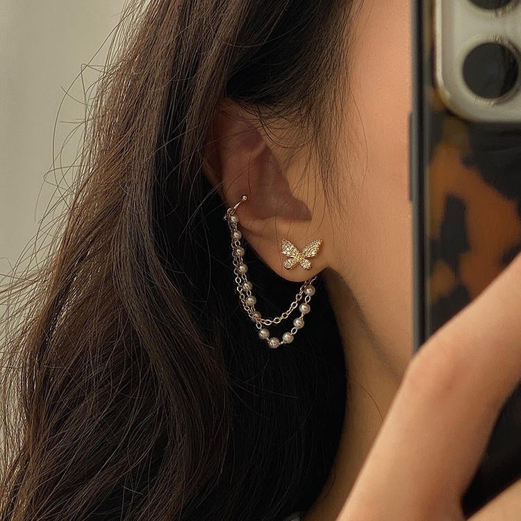 Casual Vintage Zircon Butterfly Pearl Chain Tassel Ear Cuffs and Studs for Women