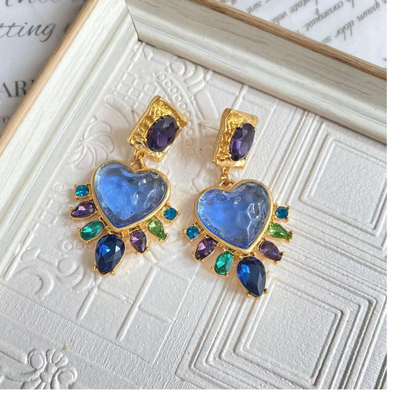 Chinoiserie Vintage Heart Shape Multicolor Gemstone Glass Women's Earrings