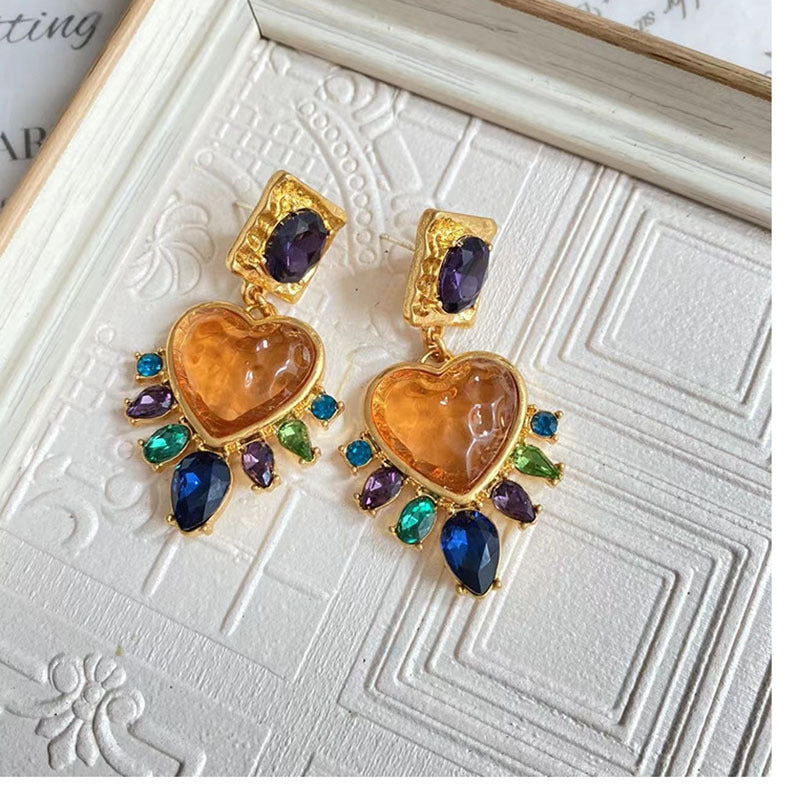 Chinoiserie Vintage Heart Shape Multicolor Gemstone Glass Women's Earrings