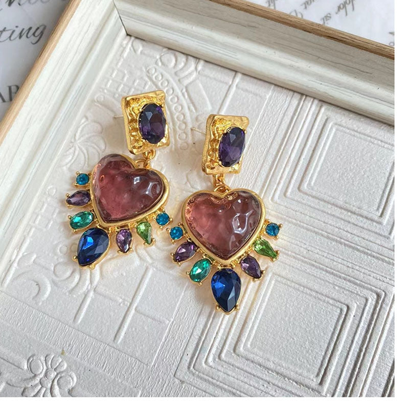 Chinoiserie Vintage Heart Shape Multicolor Gemstone Glass Women's Earrings