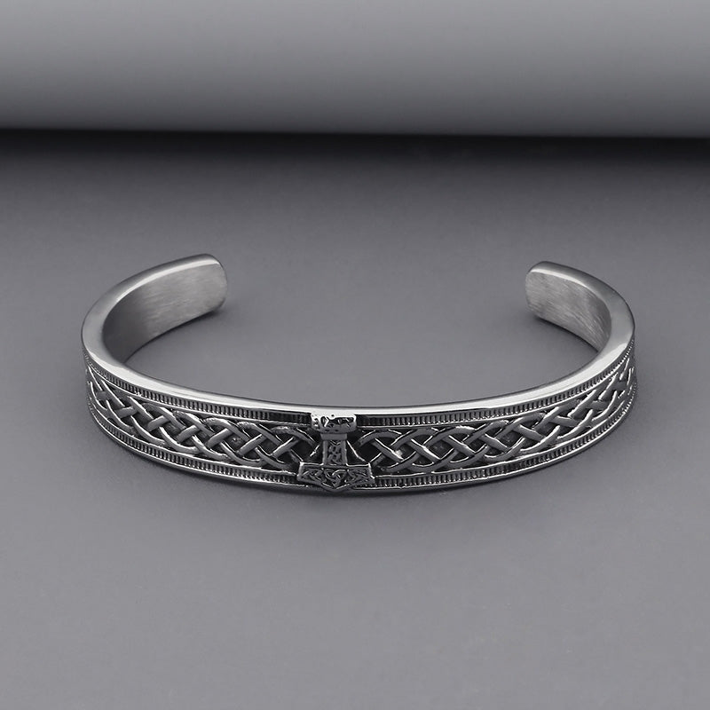 Classic Viking Rune Thor's Hammer Open Cuff Titanium Steel Men's Bangle