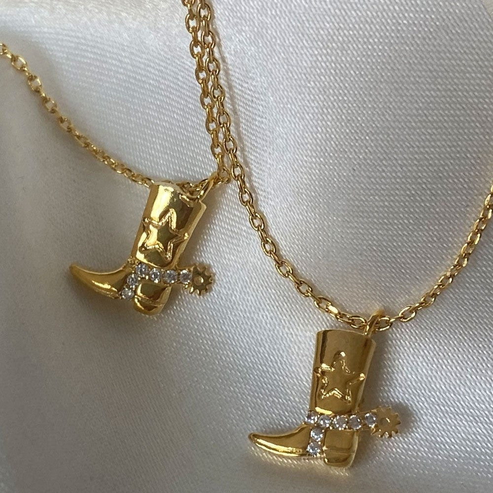 Copper 18K Gold Plated Western Cowboy Boots Zircon Pendant Necklace