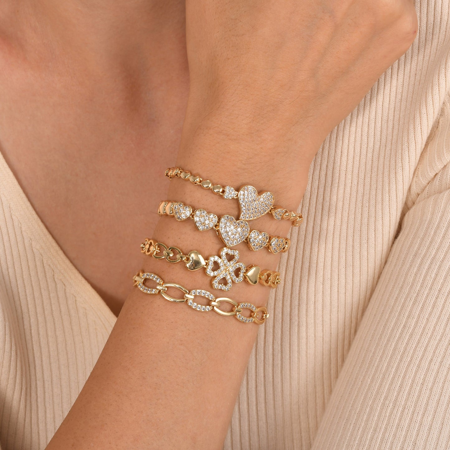 Copper Gold Plated Vintage Heart & Clover Zircon Bracelet