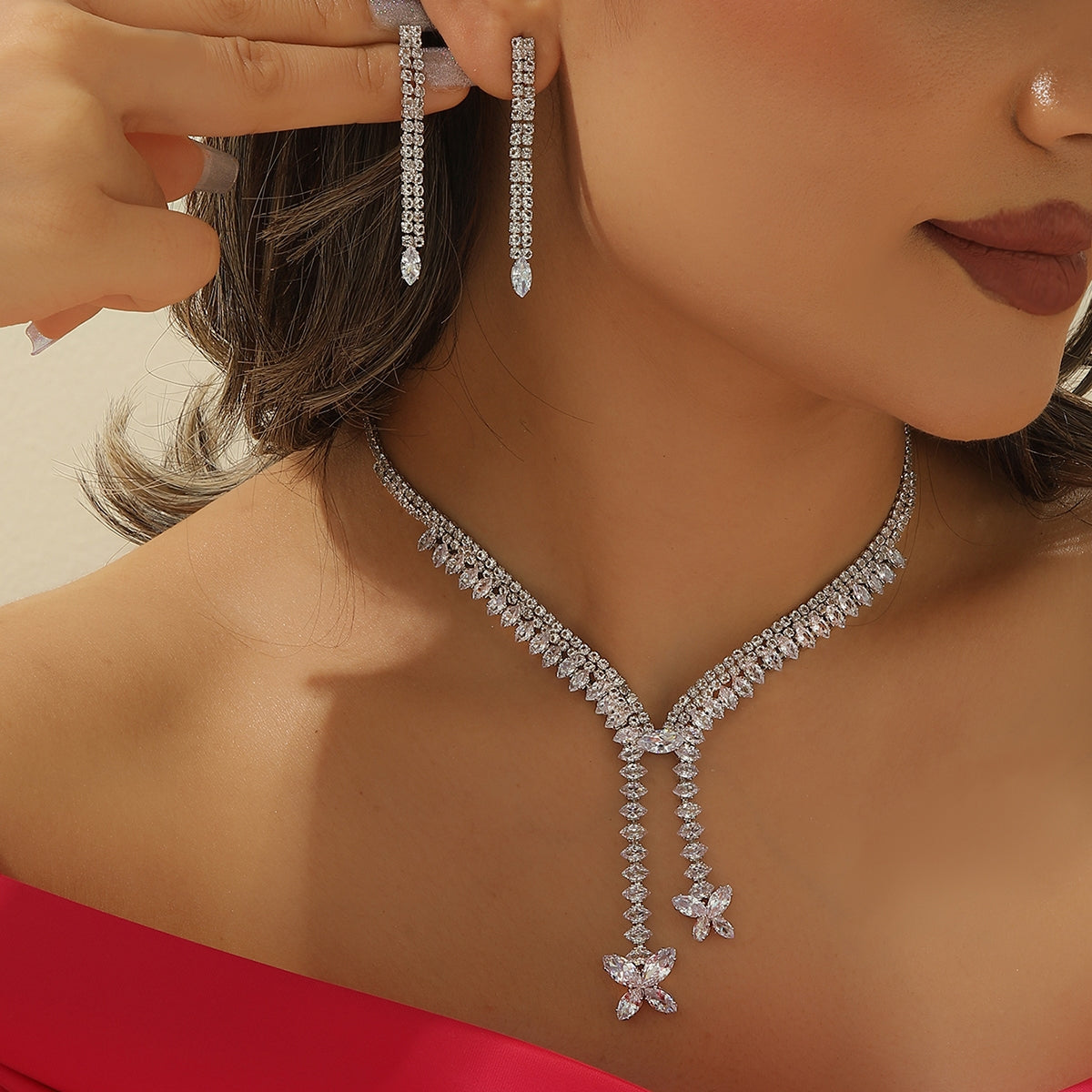 Copper Butterfly Zircon Tassel Necklace and Earring Set for Women