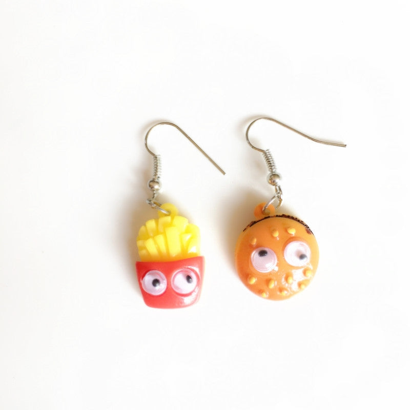 Creative Food Earrings - Hamburger, Fries, and Milk Bottle Design Ear Clips