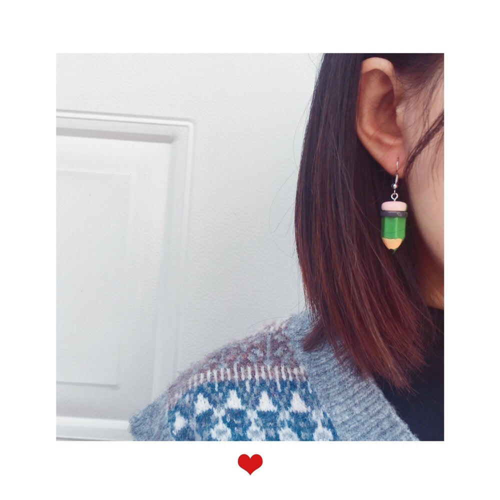 Creative Handmade Asymmetric Pencil and Test Paper Ear Hook Earrings