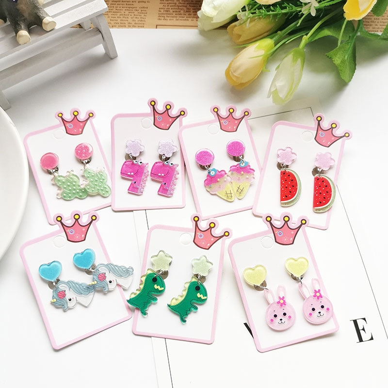 Cute Cactus Rabbit Ice Cream Acrylic Clip-On Earrings for Girls