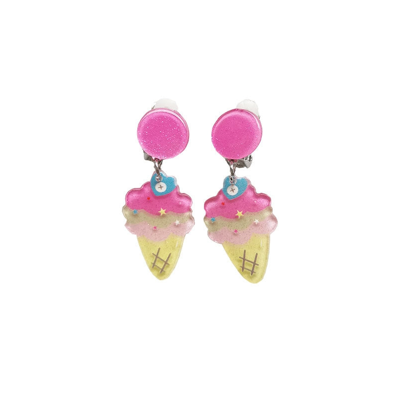 Cute Cactus Rabbit Ice Cream Acrylic Clip-On Earrings for Girls