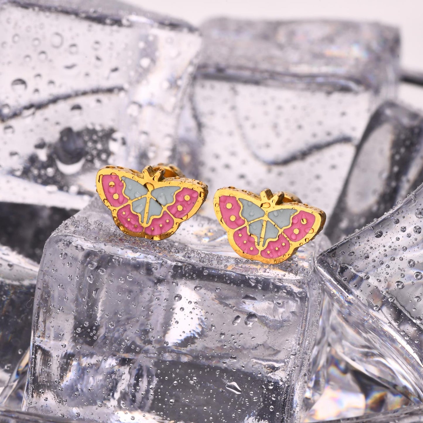 Cute Pastoral 18K Gold Butterfly Stainless Steel Epoxy Stud Earrings for Women