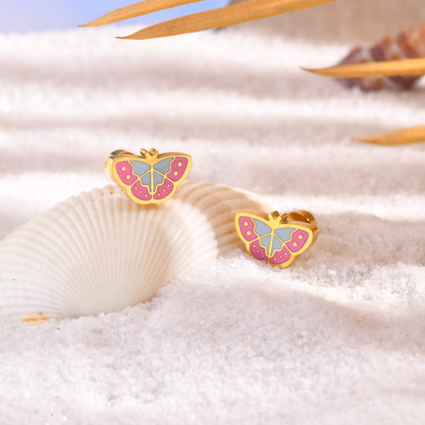 Cute Pastoral 18K Gold Butterfly Stainless Steel Epoxy Stud Earrings for Women
