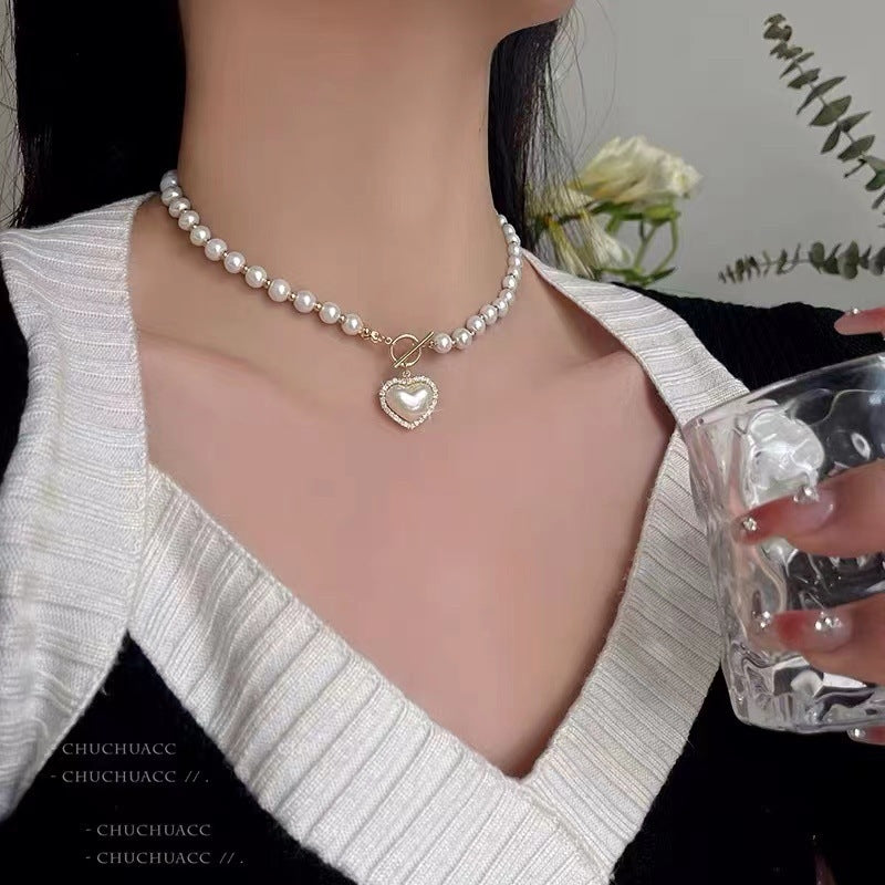 Elegant Heart Shape Imitation Pearl Alloy Necklace with Clasp Chain
