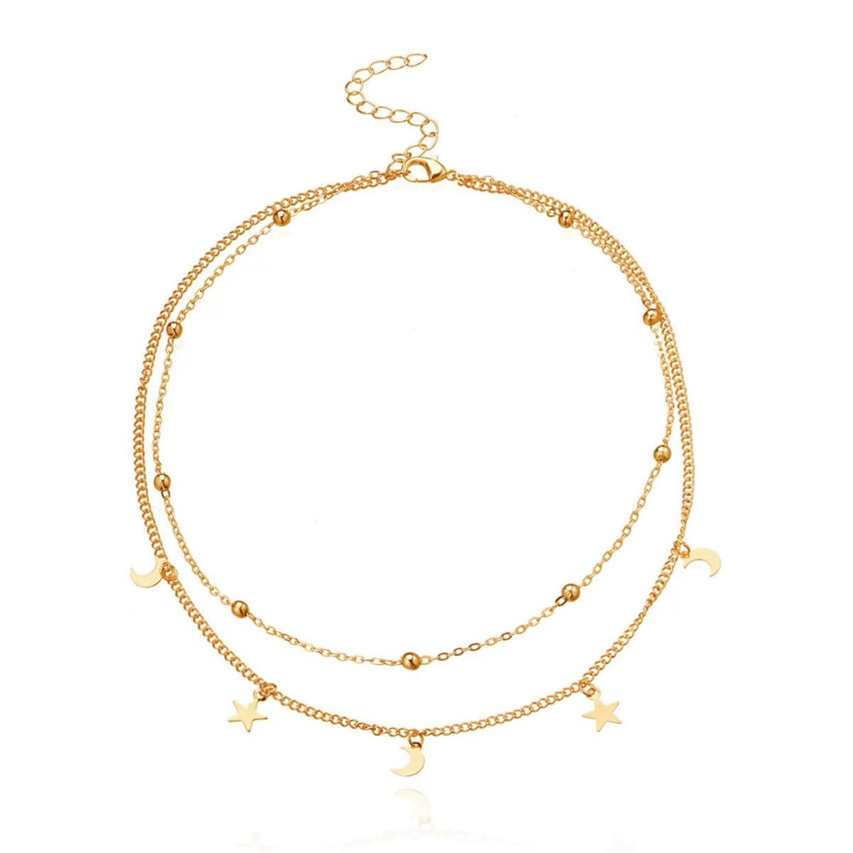 Elegant Romantic Star Moon 18K Gold Plated Stainless Steel Anklet and Double Layer Moon Star Necklace