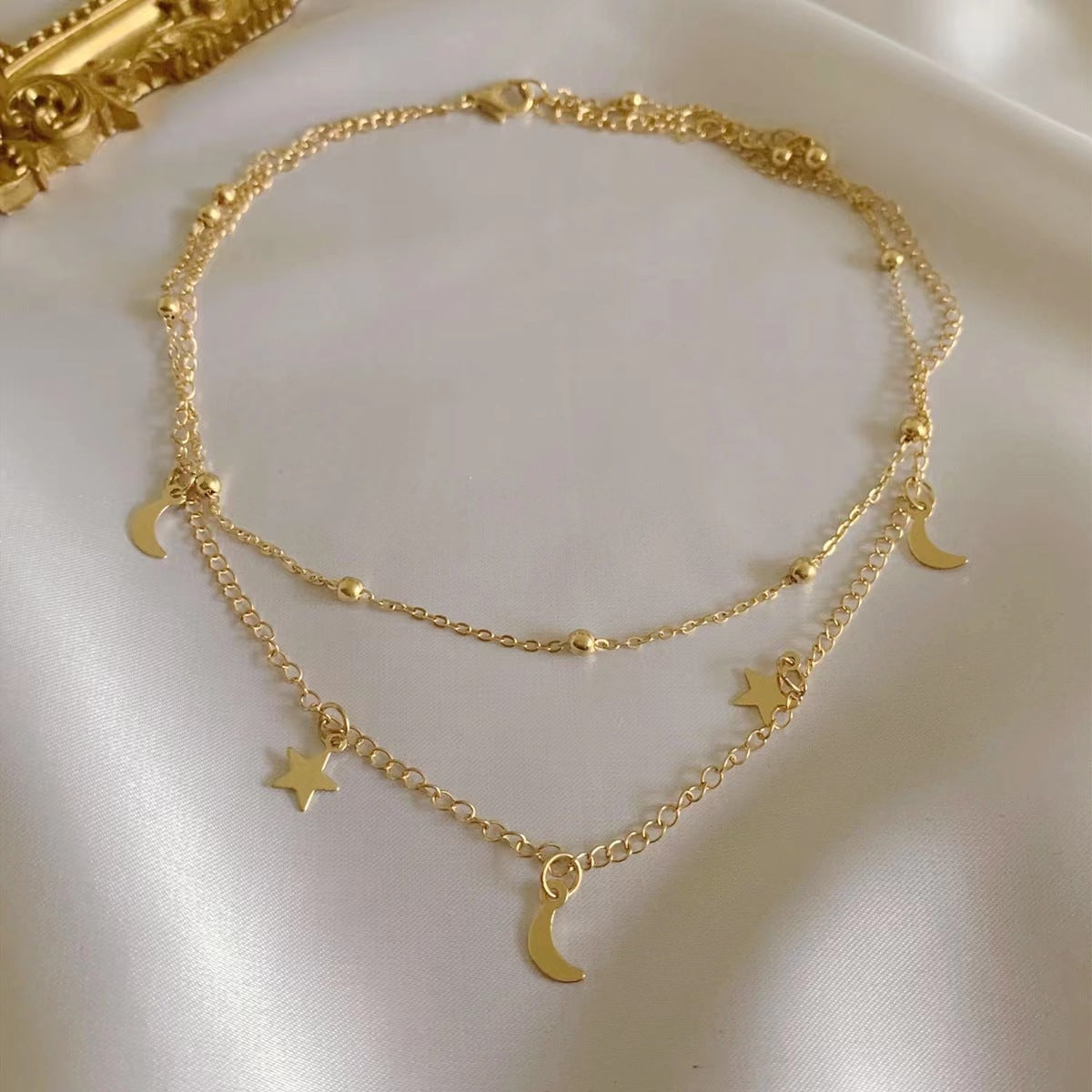 Elegant Romantic Star Moon 18K Gold Plated Stainless Steel Anklet and Double Layer Moon Star Necklace