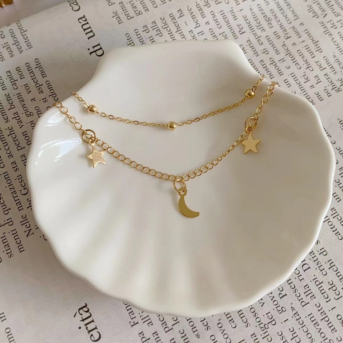 Elegant Romantic Star Moon 18K Gold Plated Stainless Steel Anklet and Double Layer Moon Star Necklace