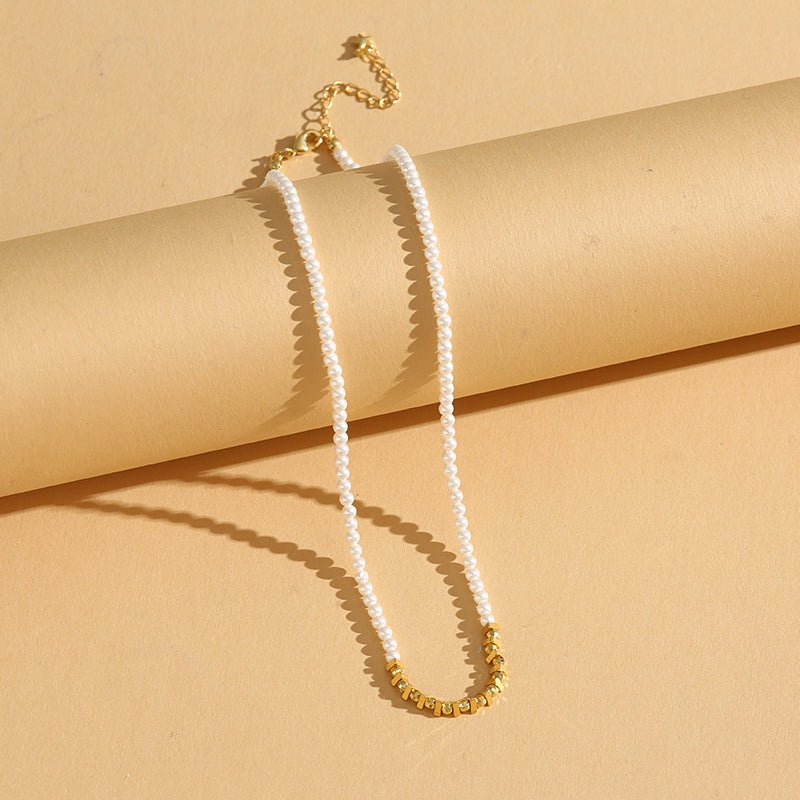 Elegant Geometric Glass Pearl Black Pointed 18K Gold Plated Women's Necklace